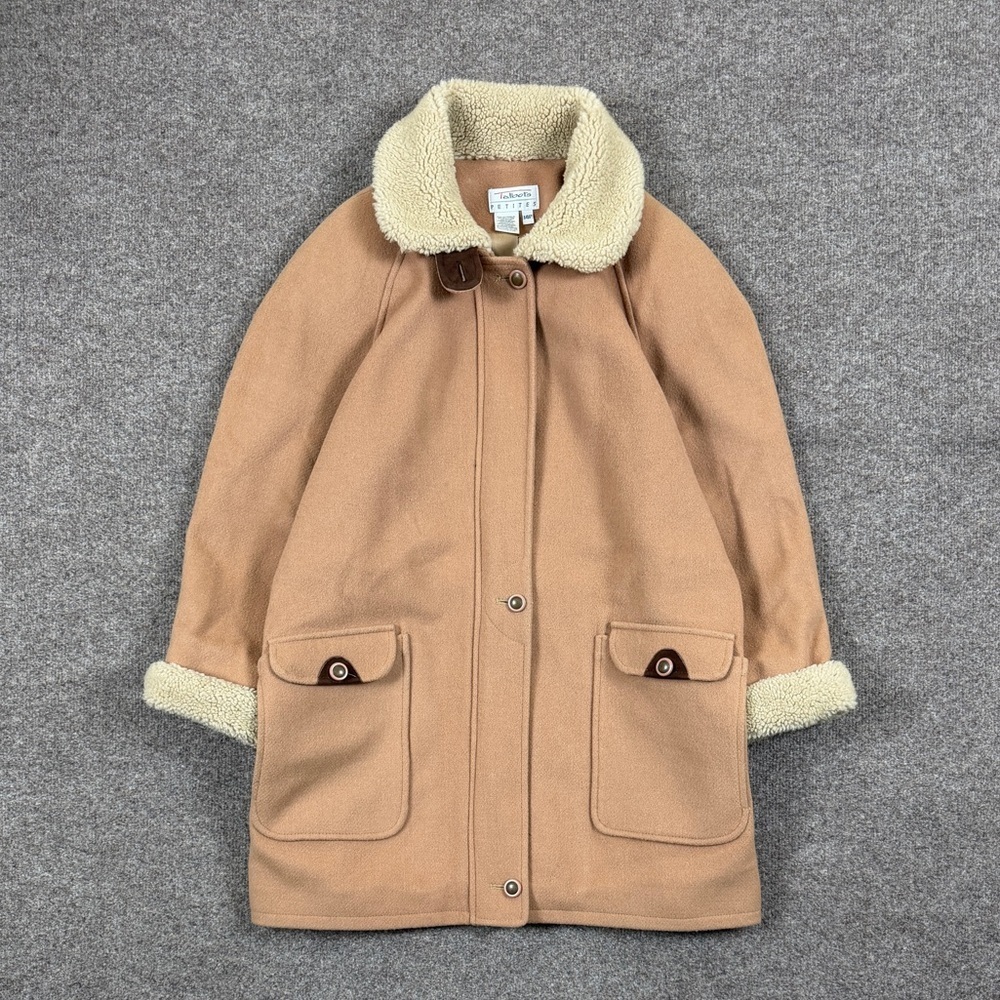 Talbots Wool Barn Chore Jacket Tan Sherpa Collar Women’s Size 14 Mid Length Coat
